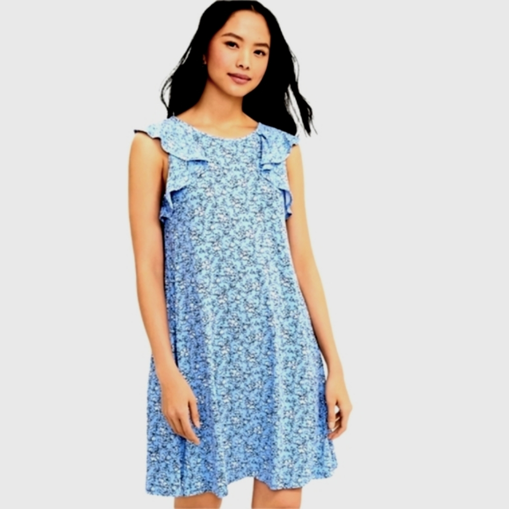 LOFT Blue/White Tiny Nwot Floral Print Flutter Cap Sleeve Shift Dress